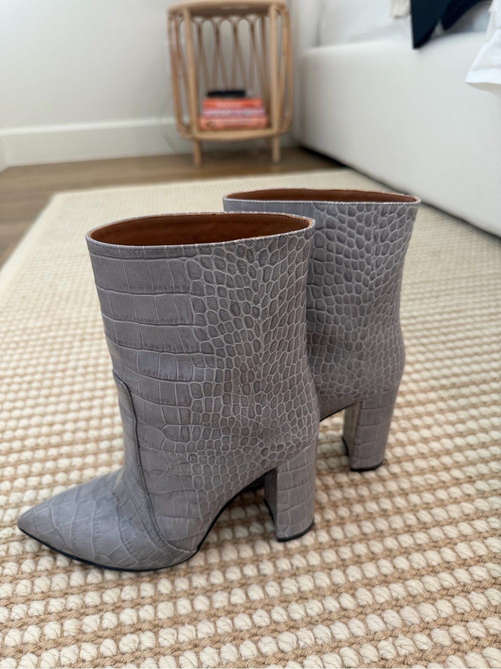 Paris Texas Croc-Embossed Pointed Toe Ankle Boots — Gray